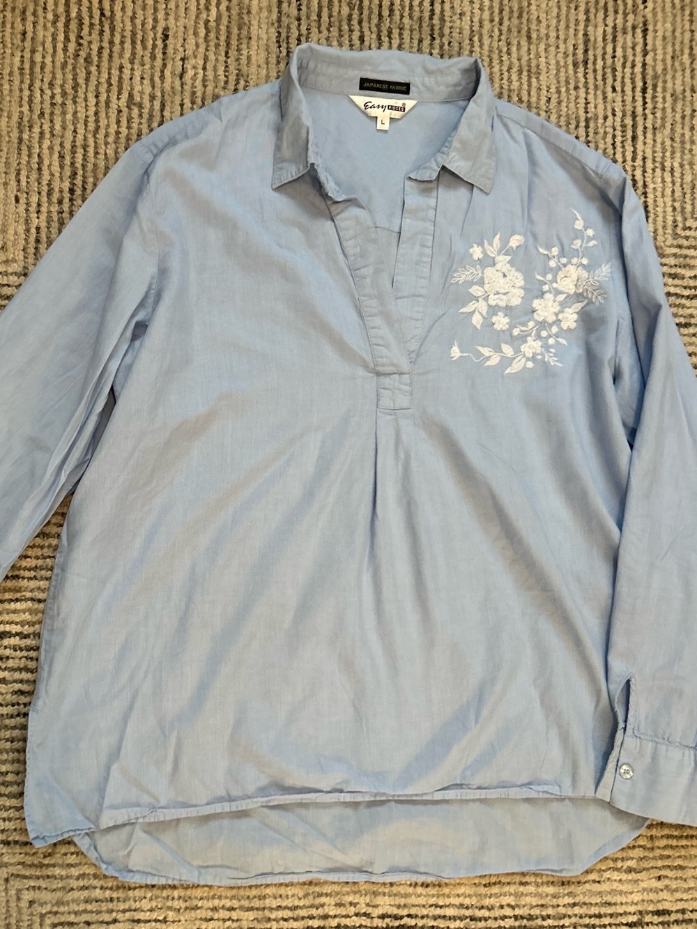 Blue Embroidered V-Neck Button Popover Blouse Sz Large Cotton Blend Boho Coastal